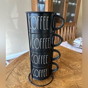 Rae Dunn Black Coffee Mug Set of 4 with Stand
